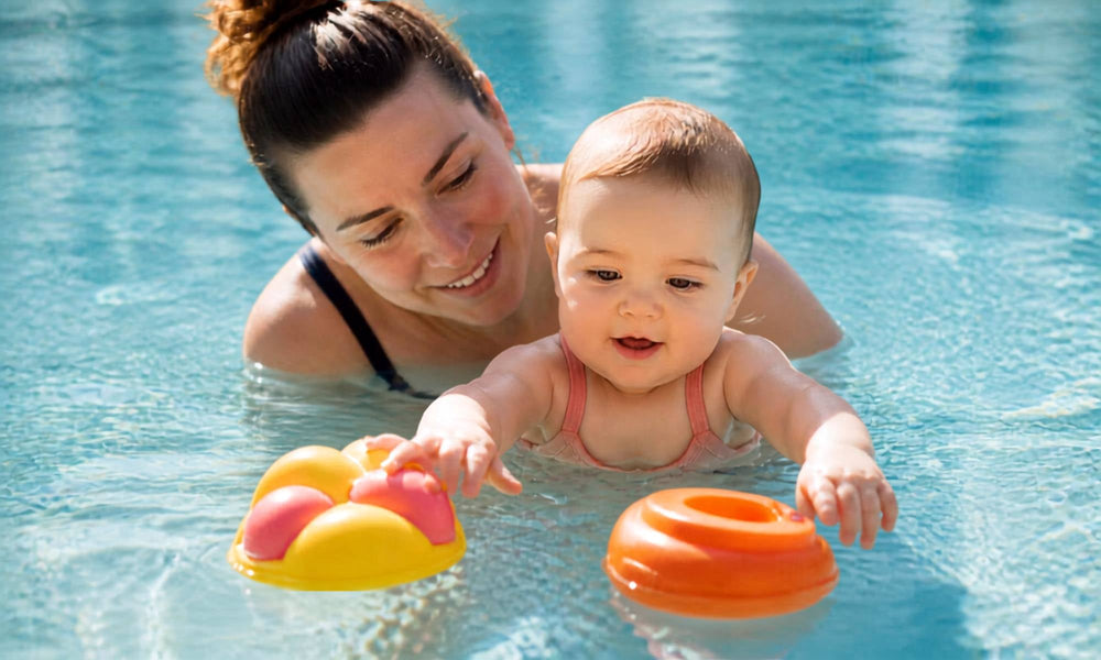 Un parent joue avec son bébé et de grands jouets flottants colorés dans une piscine calme.